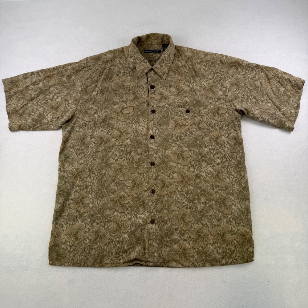Bobby Chan Mens Large 100% Silk Short Sleeve Button Down Leaf Print Camp Shirt
